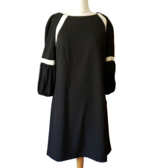 Gabby Skye Size 12 Black Ivory Gold Zipper 3/4 Puff Sleeve Shift Dress Office - Picture 1 of 8